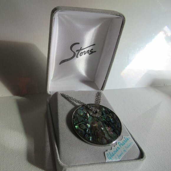 🇨🇦 Abalone shell pendant necklace, Harvest Moon, Silver, 20", large - Picture 8 of 9